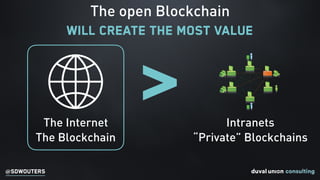 @SDWOUTERS
The open Blockchain  
will create the most value
The Internet
The Blockchain
> Intranets
“Private” Blockchains
 