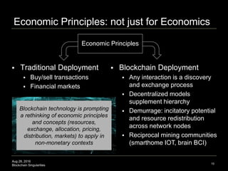 Aug 28, 2016
Blockchain Singularities
Economic Principles: not just for Economics
10
Economic Principles
 Traditional Deployment
 Buy/sell transactions
 Financial markets
 Blockchain Deployment
 Any interaction is a discovery
and exchange process
 Decentralized models
supplement hierarchy
 Demurrage: incitatory potential
and resource redistribution
across network nodes
 Reciprocal mining communities
(smarthome IOT, brain BCI)
Blockchain technology is prompting
a rethinking of economic principles
and concepts (resources,
exchange, allocation, pricing,
distribution, markets) to apply in
non-monetary contexts
 