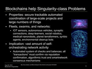 Aug 28, 2016
Blockchain Singularities
Blockchains help Singularity-class Problems
15
http://www.amazon.com/Bitcoin-Blueprint-New-World-Currency/dp/1491920491
 Properties: secure trackable automated
coordination of large-scale projects and
large numbers of things
 Fleets, swarms, and networks:
 IOT sensors, autonomous vehicles, synaptic
connections, deep-learners, social robotics,
medical nanorobots, planet terraformers, synbio
agents, environmental cleanup bots
 Implication: vast amount of self-
orchestrating network activity
 Automated system of checks and balances; all
“transactions” must confirm via reputation
confirmation, algorithmic trust and smartnetwork
consensus mechanisms
 