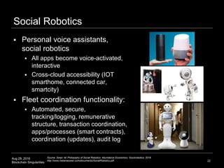 Aug 28, 2016
Blockchain Singularities
Social Robotics
 Personal voice assistants,
social robotics
 All apps become voice-activated,
interactive
 Cross-cloud accessibility (IOT
smarthome, connected car,
smartcity)
 Fleet coordination functionality:
 Automated, secure,
tracking/logging, remunerative
structure, transaction coordination,
apps/processes (smart contracts),
coordination (updates), audit log
22
Source: Swan, M. Philosophy of Social Robotics: Abundance Economics. Sociorobotics, 2016.
http://www.melanieswan.com/documents/SocialRobotics.pdf.
 