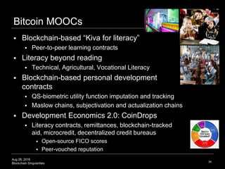 Aug 28, 2016
Blockchain Singularities
Bitcoin MOOCs
 Blockchain-based “Kiva for literacy”
 Peer-to-peer learning contracts
 Literacy beyond reading
 Technical, Agricultural, Vocational Literacy
 Blockchain-based personal development
contracts
 QS-biometric utility function imputation and tracking
 Maslow chains, subjectivation and actualization chains
 Development Economics 2.0: CoinDrops
 Literacy contracts, remittances, blockchain-tracked
aid, microcredit, decentralized credit bureaus
 Open-source FICO scores
 Peer-vouched reputation
34
 