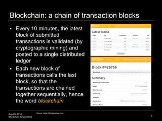 Aug 28, 2016
Blockchain Singularities
Blockchain: a chain of transaction blocks
 Every 10 minutes, the latest
block of submitted
transactions is validated (by
cryptographic mining) and
posted to a single distributed
ledger
 Each new block of
transactions calls the last
block, so that the
transactions are chained
together sequentially, hence
the word blockchain
6
Source: https://blockexplorer.com
 