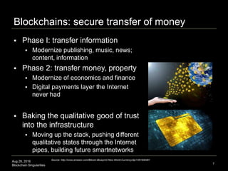 Aug 28, 2016
Blockchain Singularities
Blockchains: secure transfer of money
7
 Phase I: transfer information
 Modernize ...