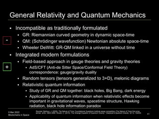 9 Mar 2022
Blockchains in Space
General Relativity and Quantum Mechanics
 Incompatible as traditionally formulated
 GR: Riemannian curved geometry in dynamic space-time
 QM: (Schrödinger wavefunction) Newtonian absolute space-time
 Wheeler DeWitt: GR-QM linked in a universe without time
 Integrated modern formulations
 Field-based approach in gauge theories and gravity theories
 AdS/CFT (Anti-de Sitter Space/Conformal Field Theory)
correspondence: gauge/gravity duality
 Random tensors (tensors generalized to 3+D), melonic diagrams
 Relativistic quantum information
 Study of GR and QM together: black holes, Big Bang, dark energy
 Applicability of quantum information when relativistic effects become
important in gravitational waves, spacetime structure, Hawking
radiation, black hole information paradox
41
Sources: Barbour, J. (2009). The Nature of Time. Foundational Questions Institute essay competition (The Nature of Time) first prize
winner. arXiv: 0903.3489. Rovelli, C. (2015). The Strange Equation of Quantum Gravity.” Classical & Quantum Gravity. 32:12, 124005.
+
-
 