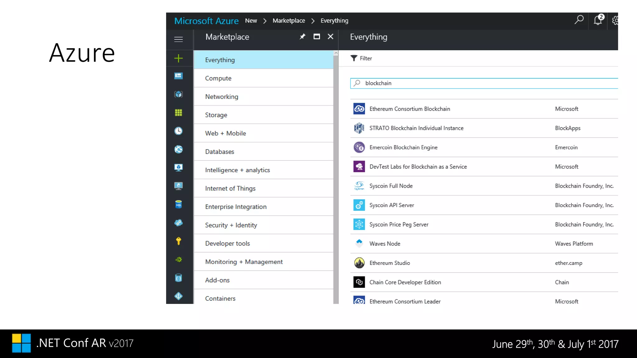June 29th, 30th & July 1st 2017.NET Conf AR v2017
Azure
 
