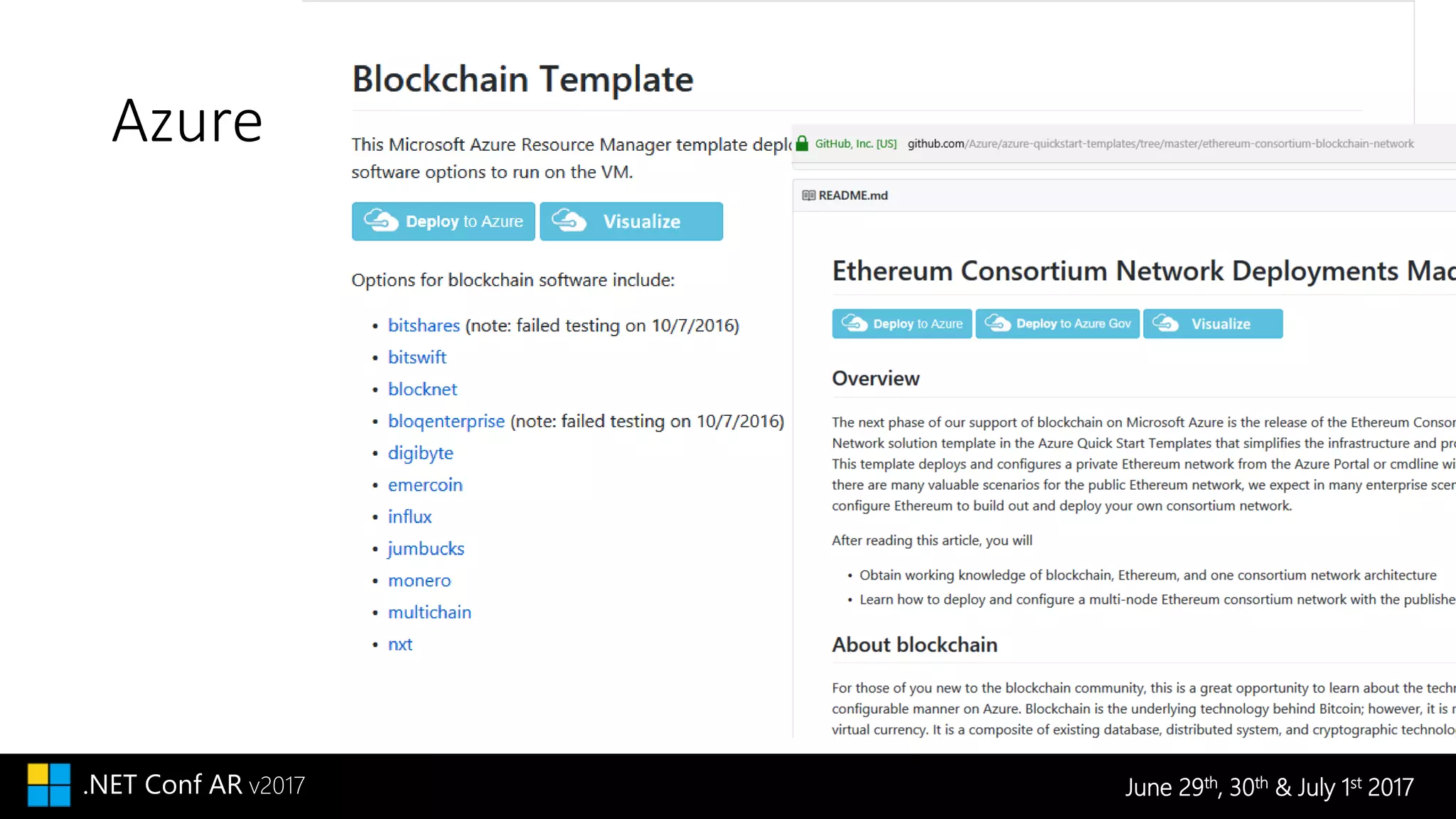 June 29th, 30th & July 1st 2017.NET Conf AR v2017
Azure
 