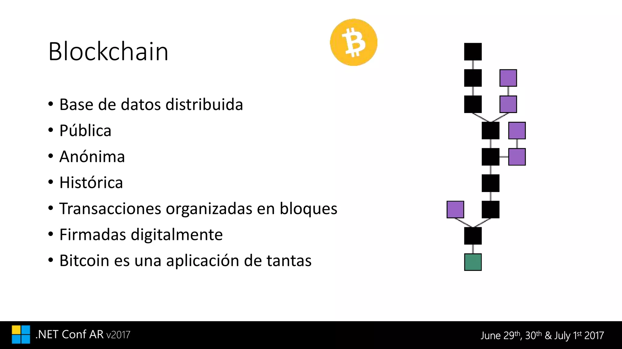 June 29th, 30th & July 1st 2017.NET Conf AR v2017
Blockchain
• Base de datos distribuida
• Pública
• Anónima
• Histórica
• Transacciones organizadas en bloques
• Firmadas digitalmente
• Bitcoin es una aplicación de tantas
 