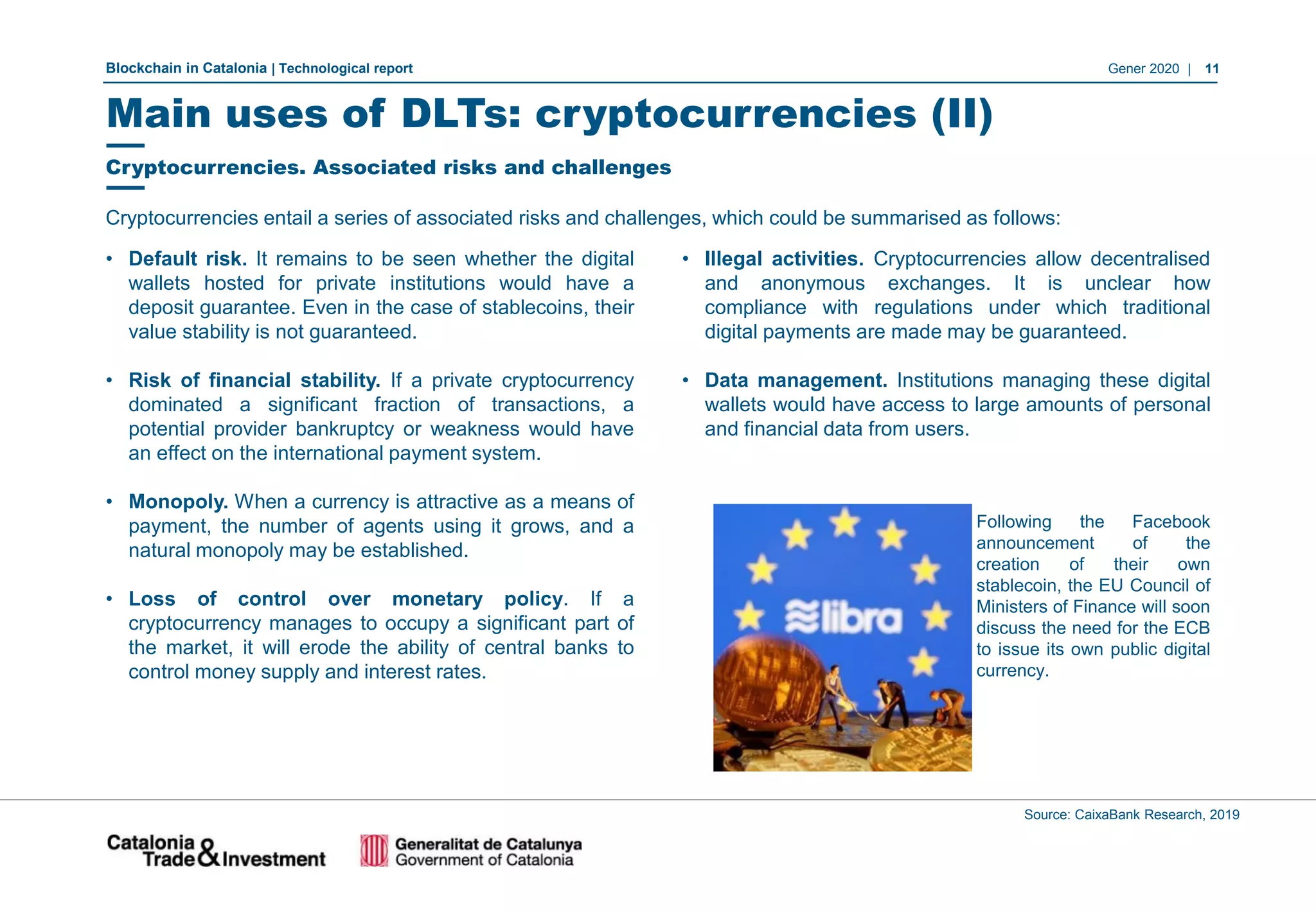 Blockchain in Catalonia | Technological report Gener 2020 | 11
Source: CaixaBank Research, 2019
• Default risk. It remains to be seen whether the digital
wallets hosted for private institutions would have a
deposit guarantee. Even in the case of stablecoins, their
value stability is not guaranteed.
• Risk of financial stability. If a private cryptocurrency
dominated a significant fraction of transactions, a
potential provider bankruptcy or weakness would have
an effect on the international payment system.
• Monopoly. When a currency is attractive as a means of
payment, the number of agents using it grows, and a
natural monopoly may be established.
• Loss of control over monetary policy. If a
cryptocurrency manages to occupy a significant part of
the market, it will erode the ability of central banks to
control money supply and interest rates.
• Illegal activities. Cryptocurrencies allow decentralised
and anonymous exchanges. It is unclear how
compliance with regulations under which traditional
digital payments are made may be guaranteed.
• Data management. Institutions managing these digital
wallets would have access to large amounts of personal
and financial data from users.
Following the Facebook
announcement of the
creation of their own
stablecoin, the EU Council of
Ministers of Finance will soon
discuss the need for the ECB
to issue its own public digital
currency.
Cryptocurrencies entail a series of associated risks and challenges, which could be summarised as follows:
Cryptocurrencies. Associated risks and challenges
Main uses of DLTs: cryptocurrencies (II)
 