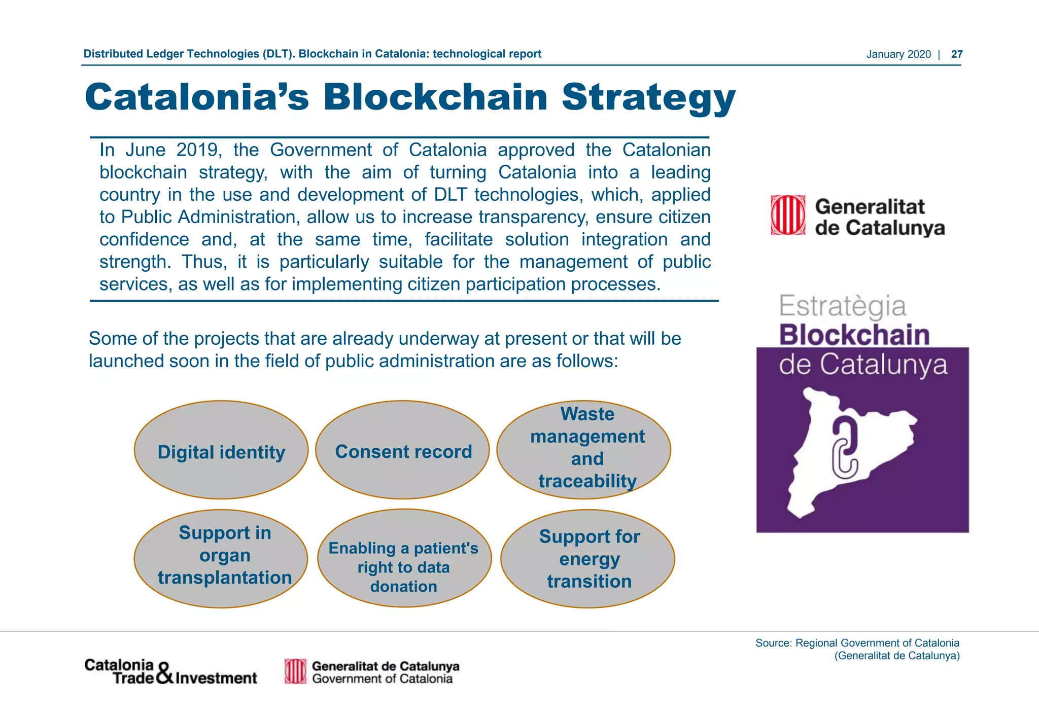 January 2020 | 27Distributed Ledger Technologies (DLT). Blockchain in Catalonia: technological report
In June 2019, the Government of Catalonia approved the Catalonian
blockchain strategy, with the aim of turning Catalonia into a leading
country in the use and development of DLT technologies, which, applied
to Public Administration, allow us to increase transparency, ensure citizen
confidence and, at the same time, facilitate solution integration and
strength. Thus, it is particularly suitable for the management of public
services, as well as for implementing citizen participation processes.
Some of the projects that are already underway at present or that will be
launched soon in the field of public administration are as follows:
Digital identity Consent record
Waste
management
and
traceability
Support in
organ
transplantation
Enabling a patient's
right to data
donation
Support for
energy
transition
Source: Regional Government of Catalonia
(Generalitat de Catalunya)
Catalonia’s Blockchain Strategy
 
