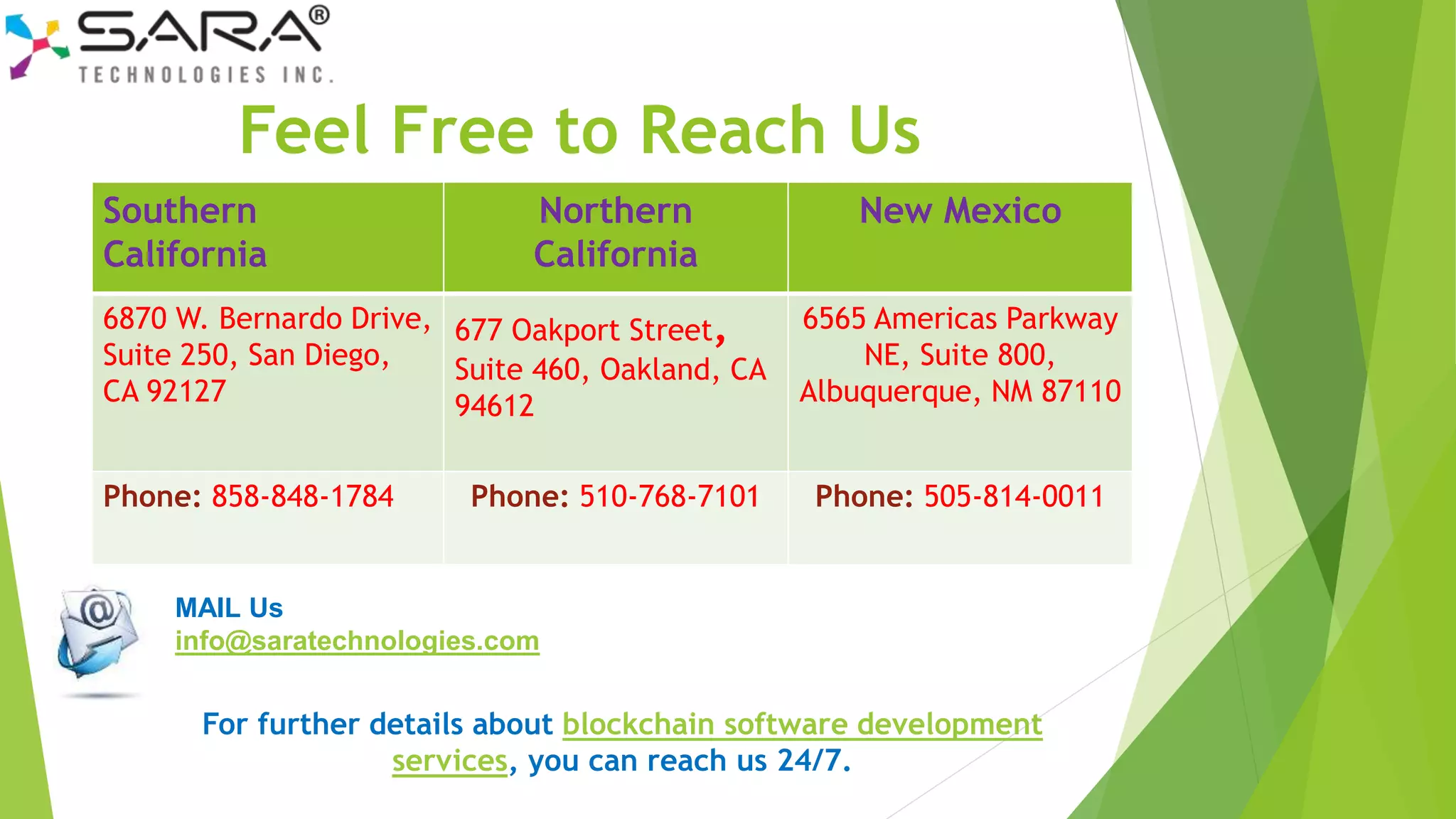 Feel Free to Reach Us
MAIL Us
info@saratechnologies.com
For further details about blockchain software development
services, you can reach us 24/7.
Southern
California
Northern
California
New Mexico
6870 W. Bernardo Drive,
Suite 250, San Diego,
CA 92127
677 Oakport Street,
Suite 460, Oakland, CA
94612
6565 Americas Parkway
NE, Suite 800,
Albuquerque, NM 87110
Phone: 858-848-1784 Phone: 510-768-7101 Phone: 505-814-0011
 