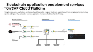 Blockchain application enablement services
on SAP Cloud Platform
BlockchainTechnologies CloudApplicationsBlockchainServices
Channel
Stream
Service instance
Service instance
Service instance
Service key
Service key
Service key
Service instance
Timestamp
(hash values)
proof-of-state
(object state)
proof-of-history
(object history)
Service key
Service binding
Other
Technologies
…
MultiChain
Using these services, applications can be developed/adapted to integrate blockchain capabilities without using blockchain technology
specific coding and thus isolate the business application from a specific blockchain technology.
Integrated blockchain capabilities into business applications
 
