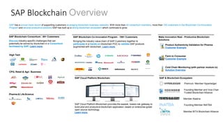 SAP Blockchain Overview
SAP Blockchain Consortium - 40+ Customers
Discuss industry-specific challenges that can
potentially be solved by blockchain in a Consortium
facilitated by SAP. Learn more.
High Tech
CPG, Retail & Agri Business
Pharma & LifeScience
Make Innovation Real - Productive Blockchain
Solutions
SAP Blockchain Co-Innovation Program - 100+ Customers
Bringing the industry value chain of SAP Customers together to
participate in a hands-on blockchain POC to validate SAP products
augmented with blockchain. Learn more.
SAP has a proven track record of supporting customers leveraging blockchain business networks. With more than 40 consortium members, more than 100 customers in the Blockchain Co-Innovation
Program and several productive solutions SAP has built up a strong blockchain ecosystem which continues to grow.
SAP & Blockchain Ecosystem
Premium Member Hyperledger
Founding Member and Vice-Chair
Trusted Blockchain Alliance
Member Alastria
Member BITA Blockchain Alliance
Track Fish from Ocean to Table:
From Vine To Table
SAP Cloud Platform Blockchain
SAP Cloud Platform Blockchain provides the easiest, lowest-risk gateway to
build pilot and productive blockchain-application, based on enterprise-grade
open source technology.
Learn more.
Farm to Consumer
Customer Example
Product Authenticity Validation for Pharma
Customer Example
Cold Chain Monitoring (with partner modum.io)
Solution Overview
……
Founding Member INATBA
 