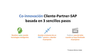 Resolver retos usando
tecnologías inteligentes
Acordar el alcance de un
PMV * previo a abordar
el proyecto
Publicar caso de éxito
cuando se haya finalizado
el proyecto
Co-innovación Cliente-Partner-SAP
basada en 3 sencillos pasos
* Producto Mínimo Viable
 