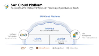 SAP Cloud Platform
Accelerating the Intelligent Enterprise by Focusing on Rapid Business Results
Connect
External Apps & Services
Extend
New functionality
Innovate
New Business Models & Technologies
Data
Management
Intelligent
Technologies
SAP Cloud Platform
ML | IoT | iRPA | BC HANA | BigData | DataHub
 