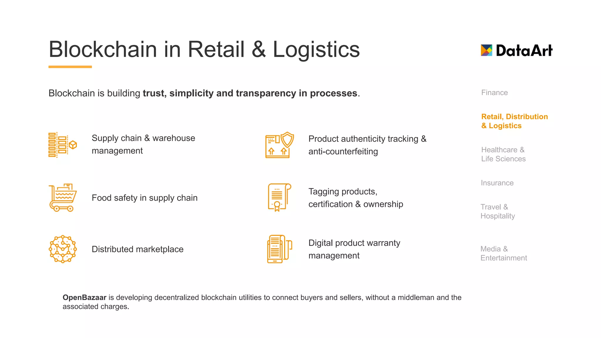 Blockchain in Retail & Logistics
Blockchain is building trust, simplicity and transparency in processes.
Supply chain & warehouse
management
Tagging products,
certification & ownership
Product authenticity tracking &
anti-counterfeiting
Food safety in supply chain
Distributed marketplace
Digital product warranty
management
Finance
Healthcare &
Life Sciences
Insurance
Travel &
Hospitality
Retail, Distribution
& Logistics
Media &
Entertainment
OpenBazaar is developing decentralized blockchain utilities to connect buyers and sellers, without a middleman and the
associated charges.
 