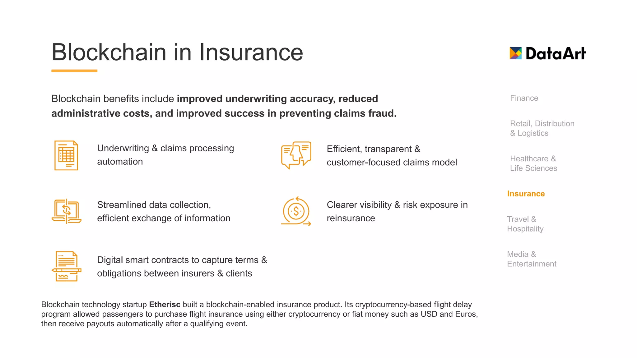 Blockchain in Insurance
Blockchain benefits include improved underwriting accuracy, reduced
administrative costs, and improved success in preventing claims fraud.
Underwriting & claims processing
automation
Efficient, transparent &
customer-focused claims model
Streamlined data collection,
efficient exchange of information
Clearer visibility & risk exposure in
reinsurance
Digital smart contracts to capture terms &
obligations between insurers & clients
Finance
Healthcare &
Life Sciences
Insurance
Travel &
Hospitality
Retail, Distribution
& Logistics
Media &
Entertainment
Blockchain technology startup Etherisc built a blockchain-enabled insurance product. Its cryptocurrency-based flight delay
program allowed passengers to purchase flight insurance using either cryptocurrency or fiat money such as USD and Euros,
then receive payouts automatically after a qualifying event.
 