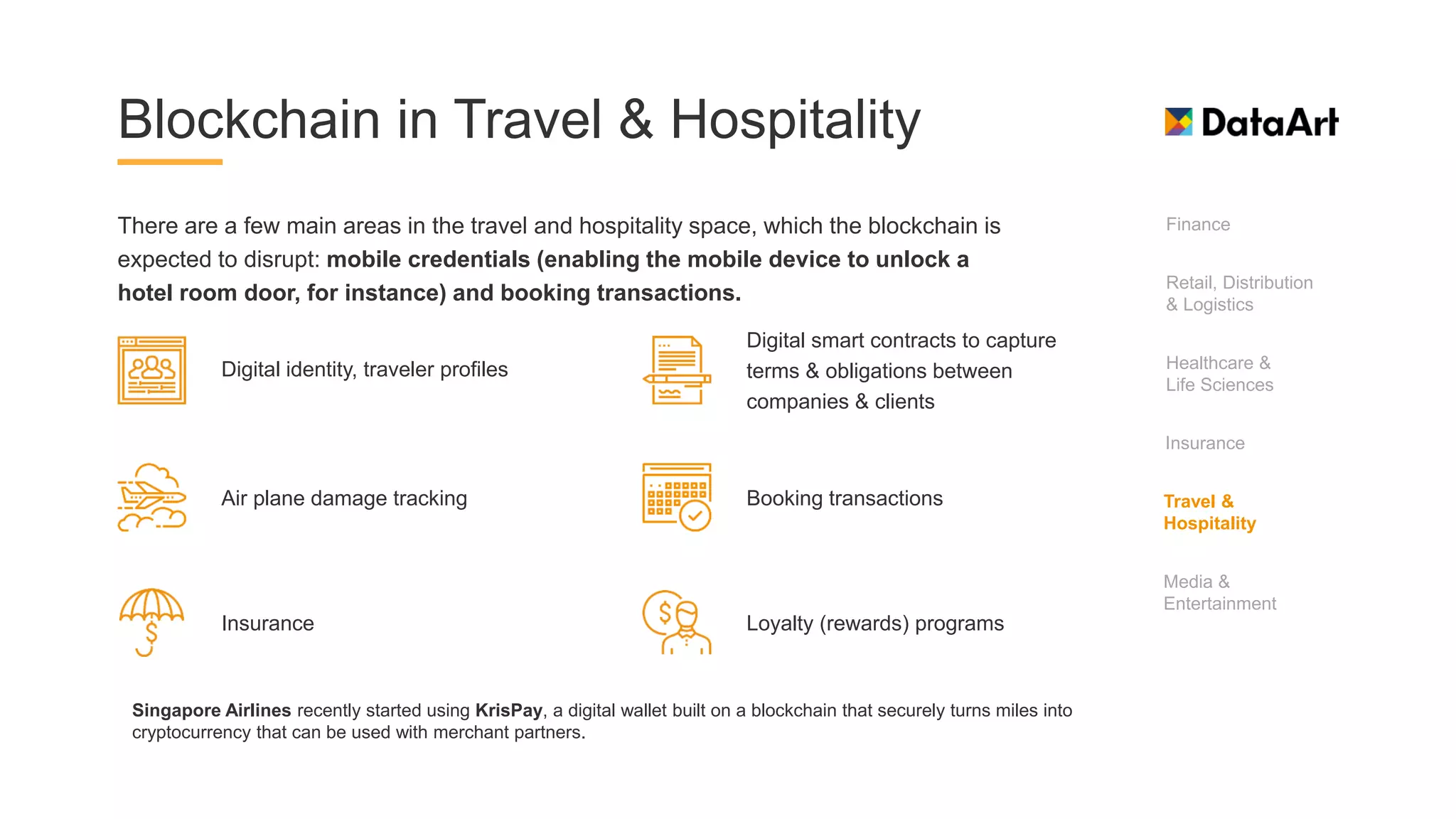 Blockchain in Travel & Hospitality
There are a few main areas in the travel and hospitality space, which the blockchain is
expected to disrupt: mobile credentials (enabling the mobile device to unlock a
hotel room door, for instance) and booking transactions.
Digital identity, traveler profiles
Loyalty (rewards) programs
Digital smart contracts to capture
terms & obligations between
companies & clients
Air plane damage tracking Booking transactions
Insurance
Finance
Healthcare &
Life Sciences
Insurance
Travel &
Hospitality
Retail, Distribution
& Logistics
Media &
Entertainment
Singapore Airlines recently started using KrisPay, a digital wallet built on a blockchain that securely turns miles into
cryptocurrency that can be used with merchant partners.
 