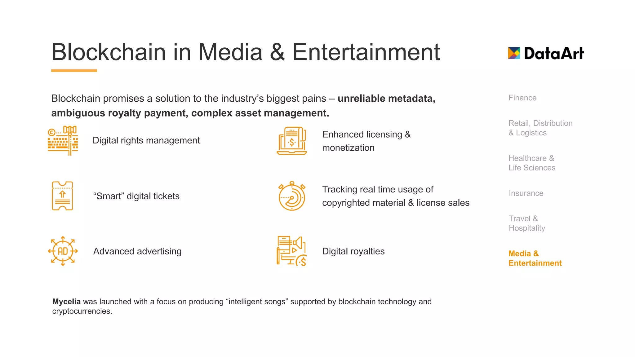 Blockchain in Media & Entertainment
Blockchain promises a solution to the industry’s biggest pains – unreliable metadata,
ambiguous royalty payment, complex asset management.
Finance
Healthcare &
Life Sciences
Insurance
Travel &
Hospitality
Retail, Distribution
& Logistics
Media &
Entertainment
Digital rights management
Digital royalties
Enhanced licensing &
monetization
“Smart” digital tickets
Tracking real time usage of
copyrighted material & license sales
Advanced advertising
Mycelia was launched with a focus on producing “intelligent songs” supported by blockchain technology and
cryptocurrencies.
 