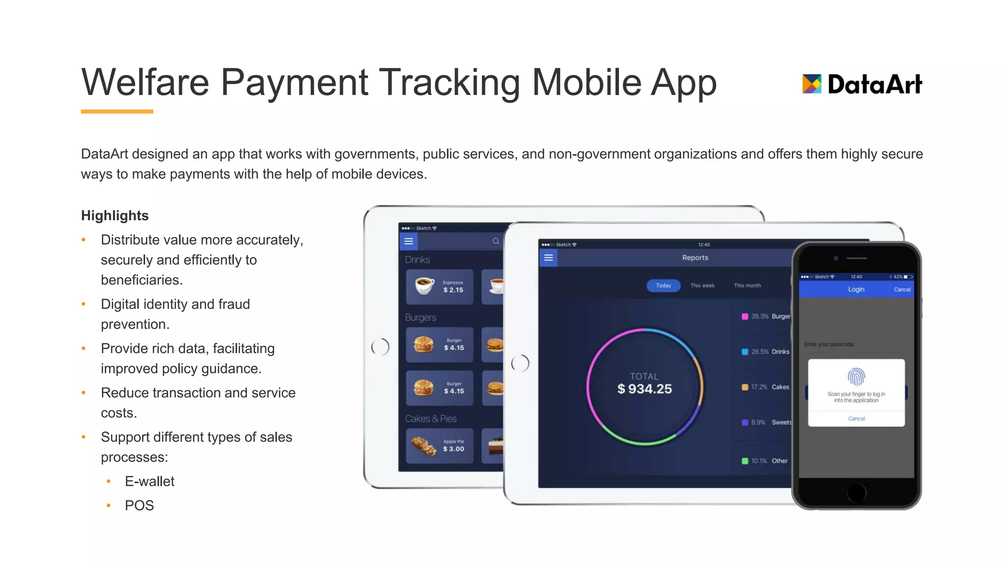 Welfare Payment Tracking Mobile App
DataArt designed an app that works with governments, public services, and non-government organizations and offers them highly secure
ways to make payments with the help of mobile devices.
Highlights
• Distribute value more accurately,
securely and efficiently to
beneficiaries.
• Digital identity and fraud
prevention.
• Provide rich data, facilitating
improved policy guidance.
• Reduce transaction and service
costs.
• Support different types of sales
processes:
• E-wallet
• POS
 