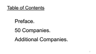 2
Table of Contents
Preface.
50 Companies.
Additional Companies.
 
