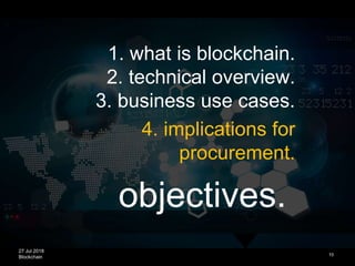 27 Jul 2018
Blockchain
objectives.
10
1. what is blockchain.
2. technical overview.
3. business use cases.
4. implications for
procurement.
 