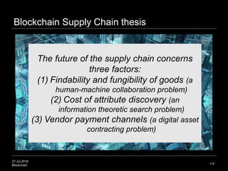 27 Jul 2018
Blockchain 114
Blockchain Supply Chain thesis
The future of the supply chain concerns
three factors:
(1) Findability and fungibility of goods (a
human-machine collaboration problem)
(2) Cost of attribute discovery (an
information theoretic search problem)
(3) Vendor payment channels (a digital asset
contracting problem)
 