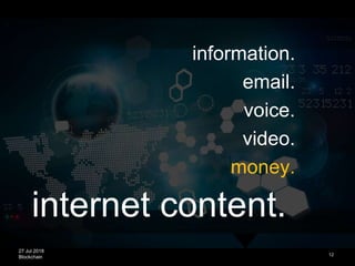 27 Jul 2018
Blockchain
internet content.
12
information.
email.
voice.
video.
money.
 