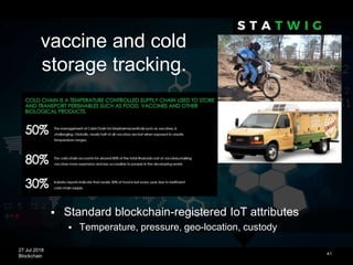 27 Jul 2018
Blockchain 41
vaccine and cold
storage tracking.
 Standard blockchain-registered IoT attributes
 Temperature, pressure, geo-location, custody
 