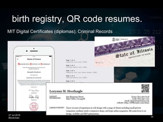 27 Jul 2018
Blockchain 44
birth registry, QR code resumes.
MIT Digital Certificates (diplomas); Criminal Records
 