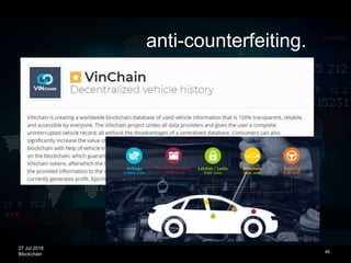 27 Jul 2018
Blockchain 46
anti-counterfeiting.
 