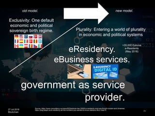 27 Jul 2018
Blockchain
government as service
provider.
71
old model.
eResidency.
eBusiness services.
Exclusivity: One default
economic and political
sovereign birth regime.
new model.
Source: https://www.consultancy.eu/news/933/estonia-has-35000-e-residents-most-are-finnish-russian-and-Ukrainian,
https://blog.leapin.eu/e-residency-all-the-numbers-you-wanted-to-know-statistics-9ccc1bee75
Plurality: Entering a world of plurality
in economic and political systems
>35,000 Estonia
e-Residents
(May 2018)
 