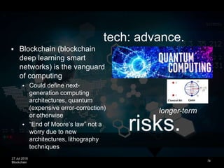 27 Jul 2018
Blockchain
risks.
tech: advance.
74
longer-term
 Blockchain (blockchain
deep learning smart
networks) is the vanguard
of computing
 Could define next-
generation computing
architectures, quantum
(expensive error-correction)
or otherwise
 “End of Moore’s law” not a
worry due to new
architectures, lithography
techniques
 