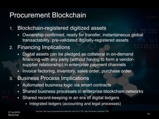 27 Jul 2018
Blockchain 79
1. Blockchain-registered digitized assets
 Ownership confirmed, ready for transfer, instantaneous global
transactability, pre-validated digitally-registered assets
2. Financing Implications
 Digital assets can be pledged as collateral in on-demand
financing with any party (without having to form a vendor-
supplier relationship) in enterprise payment channels
 Invoice factoring, inventory, sales order, purchase order
3. Business Process Implications
 Automated business logic via smart contracts
 Shared business processes in enterprise blockchain networks
 Shared record-keeping in an era of digital ledgers
 Integrated ledgers (accounting and legal processes)
Procurement Blockchain
Sources: http://www.europeanfinancialreview.com/?p=21755, http://timreview.ca/article/1109
 