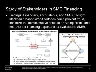 27 Jul 2018
Blockchain
 Findings: Financiers, accountants, and SMEs thought
blockchain-based credit histories could prevent fraud,
minimize the administrative costs of providing credit, and
improve the financing opportunities available to SMEs
Study of Stakeholders in SME Financing
80
Source: Kayal et al., forthcoming, Financing Small & Medium Enterprises with Blockchain: an exploratory research of stakeholders'
attitudes, in Blockchain Economics (World Scientific)
Risk Factors contributing to potential Fraud
(1) The smaller the business entity, the higher the risk
(2) Lack of credit history between the business entity and the financier
(3) Financing a foreign business carries a higher risk than a local one
Blockchain-based Credit Histories to reduce Risk of Fraud
Proposal for Blockchain-based
Inventory Financing Process
 