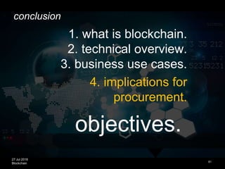 27 Jul 2018
Blockchain
objectives.
81
1. what is blockchain.
2. technical overview.
3. business use cases.
4. implications for
procurement.
conclusion
 