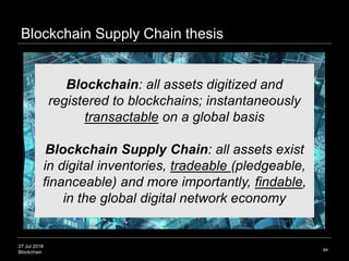27 Jul 2018
Blockchain 84
Blockchain Supply Chain thesis
Blockchain: all assets digitized and
registered to blockchains; instantaneously
transactable on a global basis
Blockchain Supply Chain: all assets exist
in digital inventories, tradeable (pledgeable,
financeable) and more importantly, findable,
in the global digital network economy
 