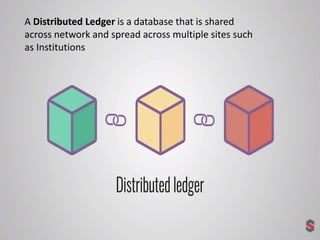 A Distributed Ledger is a database that is shared
across network and spread across multiple sites such
as Institutions
 