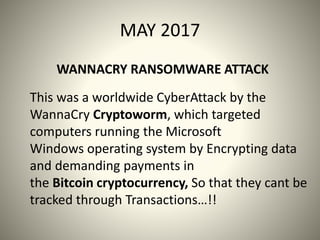 MAY 2017
WANNACRY RANSOMWARE ATTACK
This was a worldwide CyberAttack by the
WannaCry Cryptoworm, which targeted
computers running the Microsoft
Windows operating system by Encrypting data
and demanding payments in
the Bitcoin cryptocurrency, So that they cant be
tracked through Transactions…!!
 