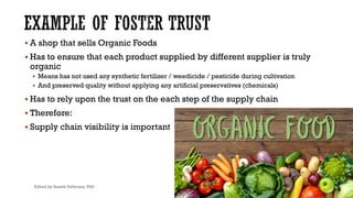 § A shop that sells Organic Foods
§ Has to ensure that each product supplied by different supplier is truly
organic
§ Means has not used any synthetic fertilizer / weedicide / pesticide during cultivation
§ And preserved quality without applying any artificial preservatives (chemicals)
§ Has to rely upon the trust on the each step of the supply chain
§ Therefore:
§ Supply chain visibility is important
Edited by Suneth Pathirana, PhD 6
 