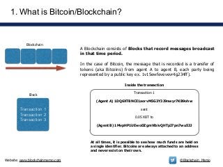 Website: www.blockchainmemo.com @Blockchain_Memo
1. What is Bitcoin/Blockchain?
Transaction 1
Transaction 2
Transaction 3
Block
A Blockchain consists of Blocks that record messages broadcast
in that time period.
!
In the case of Bitcoin, the message that is recorded is a transfer of
tokens (aka Bitcoins) from agent A to agent B, each party being
represented by a public key ex. 1v15ewfevevevr4g234ff).
Blockchain
Transaction 1
!
(Agent A) 1DQ6XTBNCE1aorvM5G3Y3J9nwyr7KB9ohw
!
sent
!
0.05 XBT to
!
(Agent B) 1MvpHP1UEwoDZgmVibivQHTpJ7pn7wu53J
Inside the transaction
At all times, it is possible to see how much funds are held on
a single identifier. Bitcoins are always attached to an address
and never exist on their own.
 