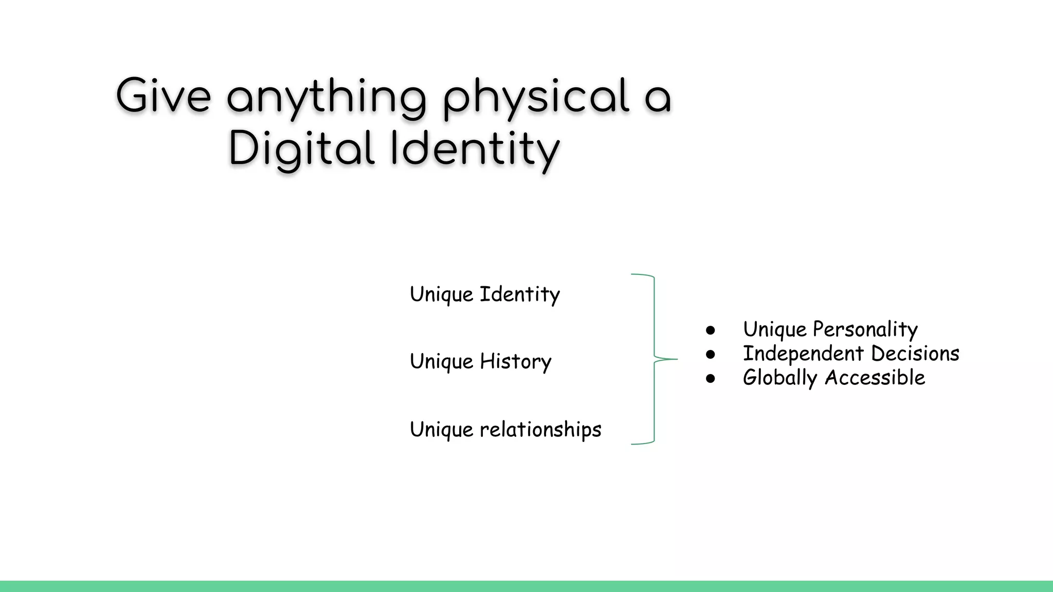 Give anything physical a
Digital Identity
Unique History
Unique relationships
Unique Identity
● Unique Personality
● Independent Decisions
● Globally Accessible
 