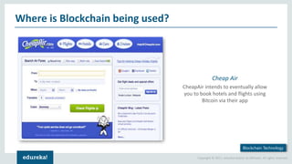Copyright © 2017, edureka and/or its affiliates. All rights reserved.
Where is Blockchain being used?
Blockchain Technology
Cheap Air
CheapAir intends to eventually allow
you to book hotels and flights using
Bitcoin via their app
 