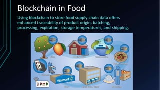 Blockchain in Food
Using blockchain to store food supply chain data offers
enhanced traceability of product origin, batching,
processing, expiration, storage temperatures, and shipping.
 
