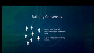 Building Consensus
After a finite time, all
participants agree on a single
state.
E.g. on who owns how many
Bitcoin.
 