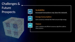 Challenges &
Future
Prospects 01
02
03
Increased transactions may slow the network.
Scalability
Some consensus methods like PoW consume high energy.
Energy Consumption
Layer 2 solutions and efficient consensus algorithms address
these concerns.
Future
 