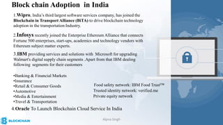 Block chain Adoption in India
1.Wipro, India’s third largest software services company, has joined the
Blockchain in Transport Alliance (BiTA) to drive blockchain technology
adoption in the transportation Industry.
2.Infosys recently joined the Enterprise Ethereum Alliance that connects
Fortune 500 enterprises, start-ups, academics and technology vendors with
Ethereum subject matter experts.
Food safety network: IBM Food Trust™
Private equity network
Trusted identity network: verified.me
3.IBM providing services and solutions with Microsoft for upgrading
Walmart's digital supply chain segments .Apart from that IBM dealing
following segments for their customers
•Banking & Financial Markets
•Insurance
•Retail & Consumer Goods
•Automotive
•Media & Entertainment
•Travel & Transportation
4.Oracle To Launch Blockchain Cloud Service In India
Alpna Singh
 