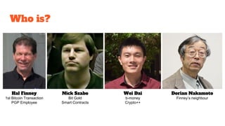 Who is?
Hal Finney
1st Bitcoin Transaction
PGP Employee
Nick Szabo
Bit Gold
Smart Contracts
Wei Dai
b-money
Crypto++
Dorian Nakamoto
Finney’s neighbour
 