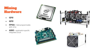 Mining
Hardware
● CPU
● GPU
● FPGA - field-programmable
gate array
● ASIC - application-specific
integrated circuit
 
