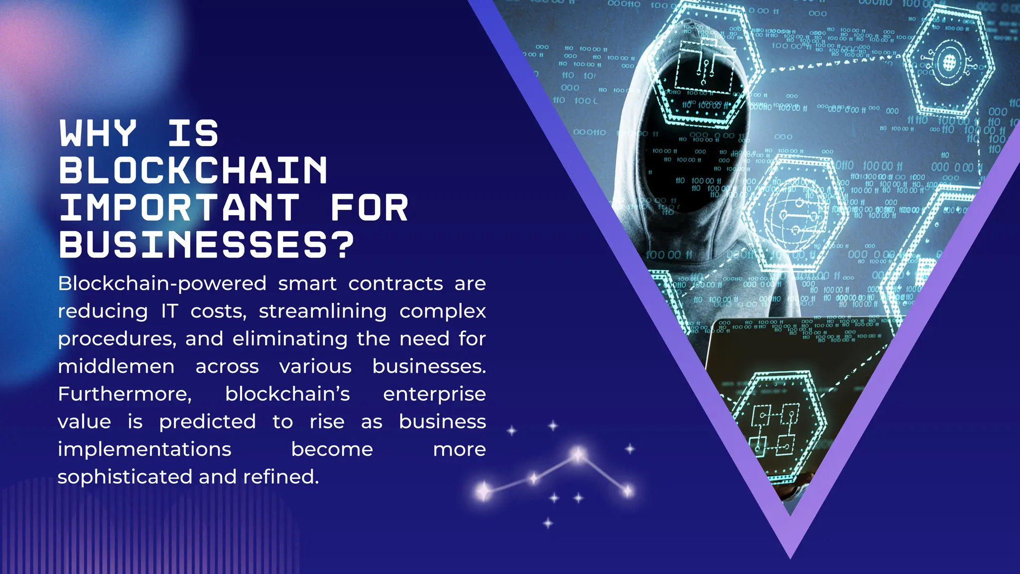 Why is
Blockchain
Important for
Businesses?
Blockchain-powered smart contracts are
reducing IT costs, streamlining complex
procedures, and eliminating the need for
middlemen across various businesses.
Furthermore, blockchain’s enterprise
value is predicted to rise as business
implementations become more
sophisticated and refined.
 
