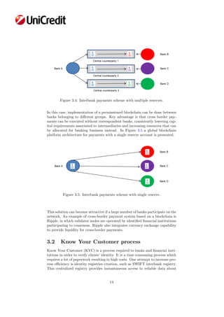 Figure 3.4: Interbank payments scheme with multiple reserves.
In this case, implementation of a permissioned blockchain can be done between
banks belonging to diﬀerent groups. Key advantage is that cross border pay-
ments can be executed without correspondent banks, consistently lowering cap-
ital requirements associated to intermediaries and increasing resources that can
be allocated for banking business instead. In Figure 3.5 a global blockchain
platform architecture for payments with a single reserve account is presented.
Figure 3.5: Interbank payments scheme with single reserve.
This solution can become attractive if a large number of banks participate on the
network. An example of cross-border payment system based on a blockchain is
Ripple, in which validator nodes are operated by identiﬁed ﬁnancial institutions
participating to consensus. Ripple also integrates currency exchange capability
to provide liquidity for cross-border payments.
3.2 Know Your Customer process
Know Your Customer (KYC) is a process required to banks and ﬁnancial insti-
tutions in order to verify clients’ identity. It is a time consuming process which
requires a lot of paperwork resulting in high costs. One attempt to increase pro-
cess eﬃciency is identity registries creation, such as SWIFT interbank registry.
This centralized registry provides instantaneous access to reliable data about
14
 